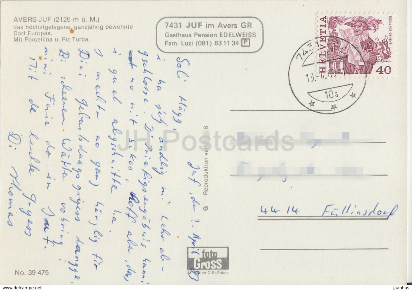 Avers Juf 2126 m - Forcellina u Piz Turba - 1983 - Switzerland - used