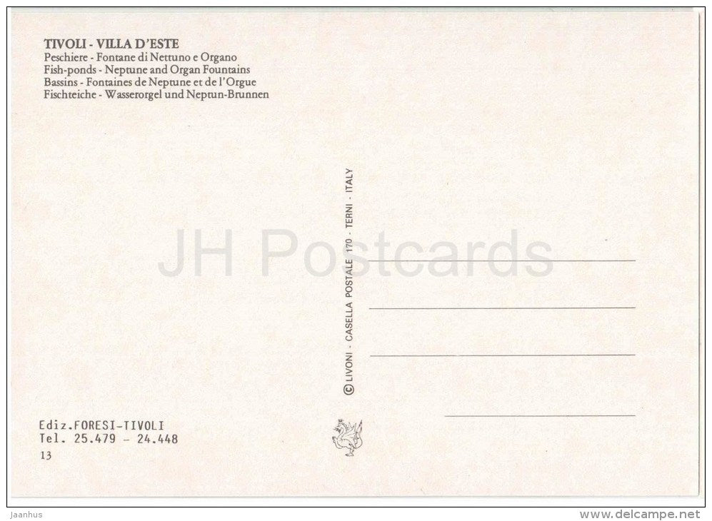 Peschiere , Fontane di Nettuno e Organo - fish ponds - Villa d´Este - Tivoli - Lazio - 13 - Italia - Italy - unuse - JH Postcards