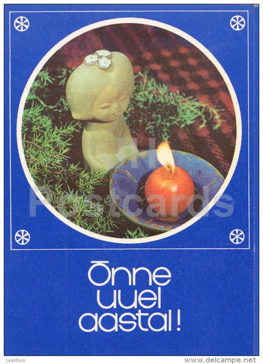 New Year Greeting card - 2 - red candle - statue of woman - 1977 - Estonia USSR - used - JH Postcards