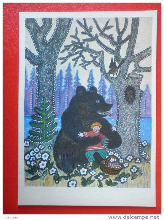 illustration by Y. Vasnetsov - bear - man - bird - Russian folk songs and Nursery Rhymes - 1970 - Russia USSR - unused - JH Postcards