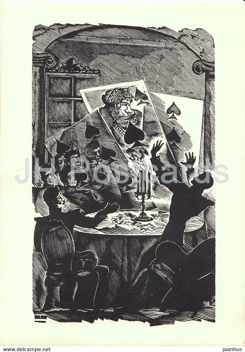 illustration by Kravchenko - The Queen of Spades by Pushkin - playing cards - 1962 - Russia USSR - unused - JH Postcards