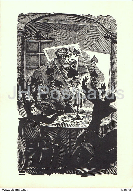 illustration by Kravchenko - The Queen of Spades by Pushkin - playing cards - 1962 - Russia USSR - unused - JH Postcards