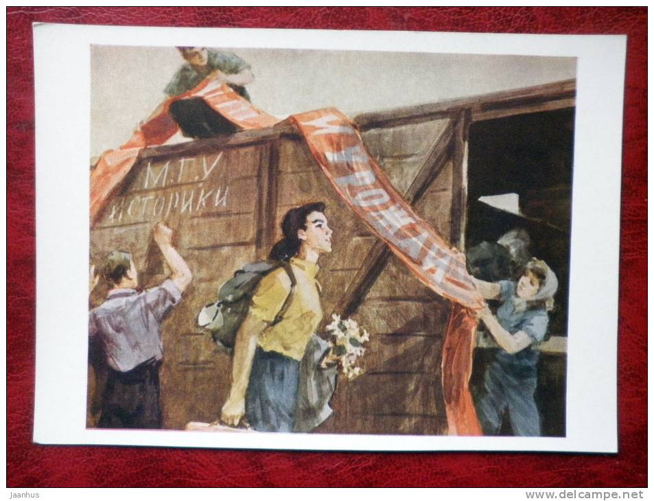 Painting by I. G. Bryulin - students go to the virgin lands , 1959 - russian art - unused - JH Postcards