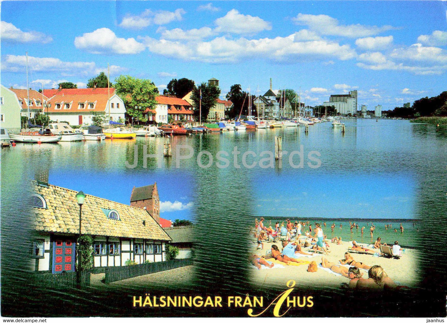 Greetings from Ahus - boat - beach - Sweden - used - JH Postcards