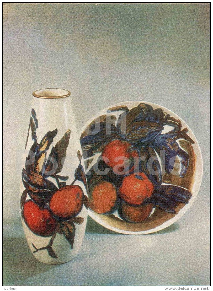 ceramics by A. Efimova - Vase and Dish , Russian Oranges , 1959 - Soviet porcelain - russian art - Russia USSR - Unused - JH Postcards