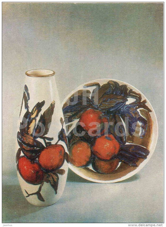 ceramics by A. Efimova - Vase and Dish , Russian Oranges , 1959 - Soviet porcelain - russian art - Russia USSR - Unused - JH Postcards