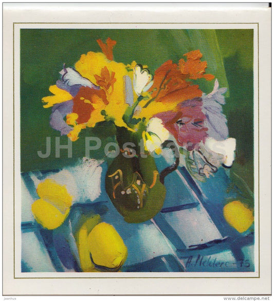 mini Birthday Greeting card by A. Melderes - flowers in the vase - 1984 - Latvia USSR - unused - JH Postcards