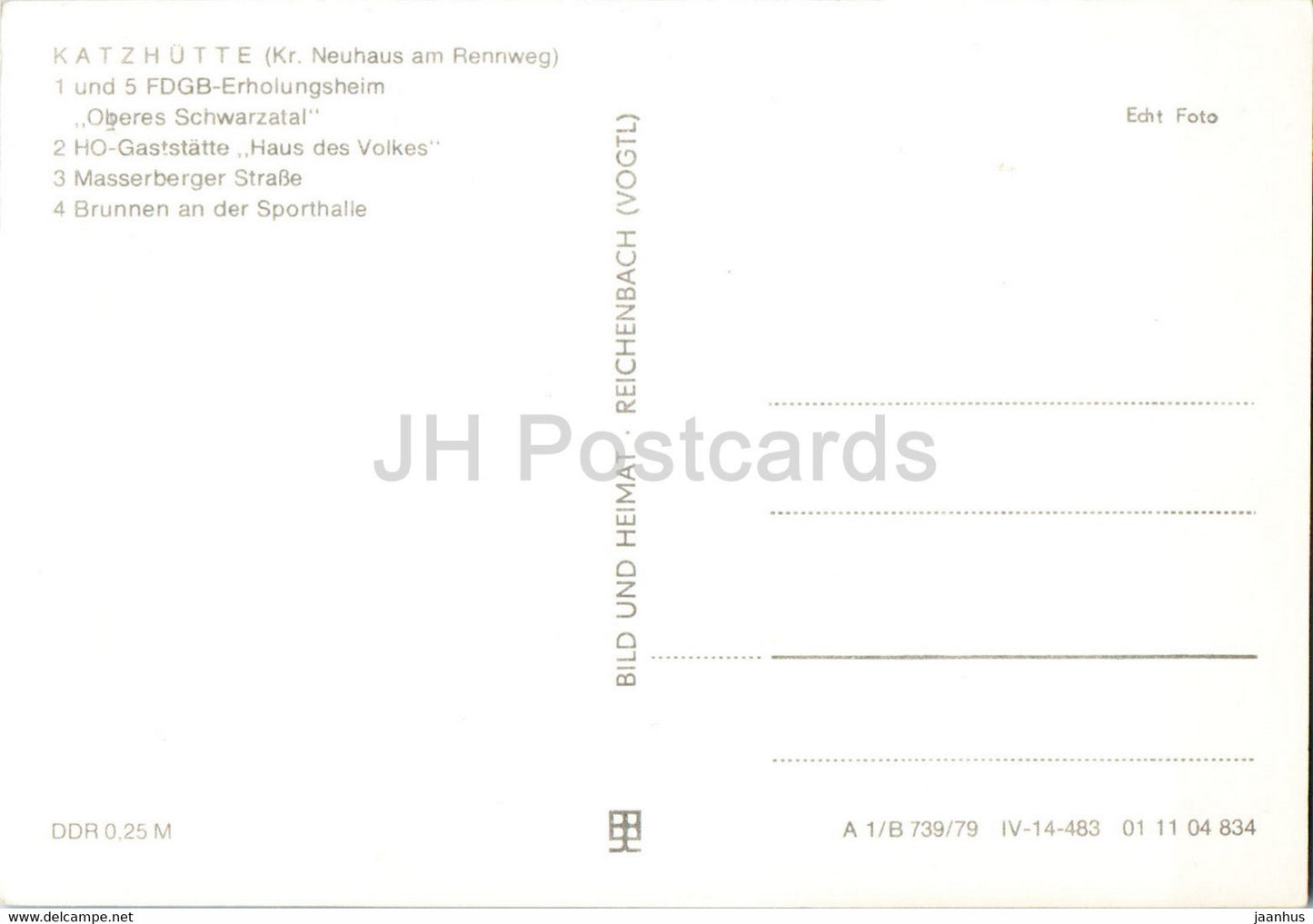 Katzhutte Thur - FDGB Erholungsheim Oberes Schwarzatal - HO Gaststatte Haus des Volkes - Brunnen - Germany DDR - unused