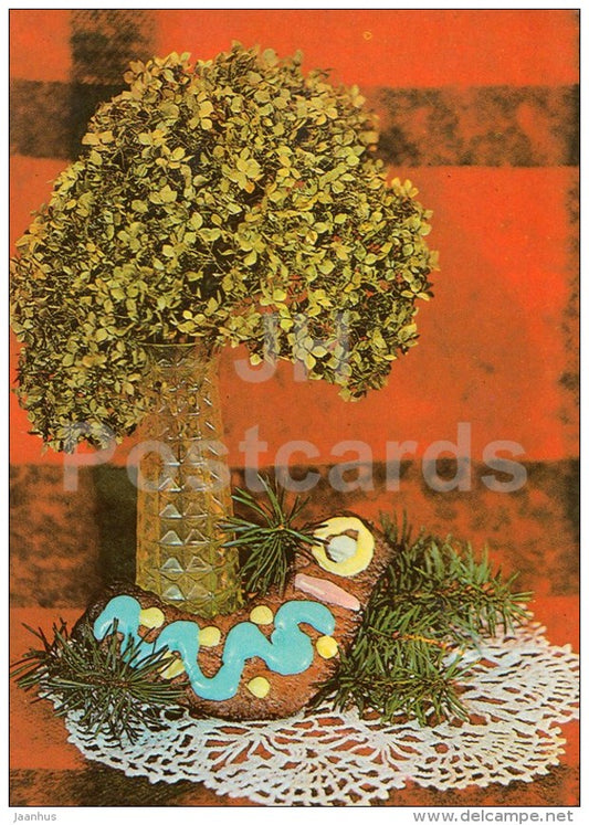 New Year Greeting card - 2 - gingerbread - plants - 1984 - Estonia USSR - used - JH Postcards