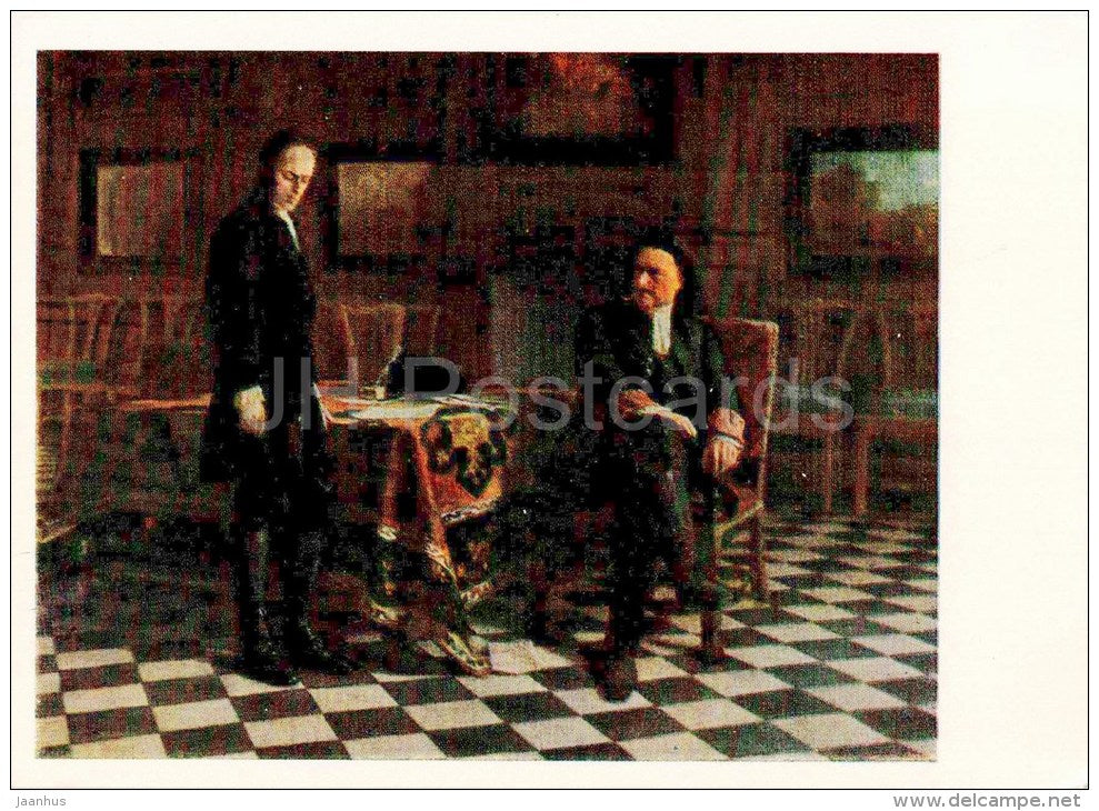 painting by N. Ge - Peter I interrogates Tsarevich Alexei at Peterhof , 1871 - tsar - russian art - unused - JH Postcards