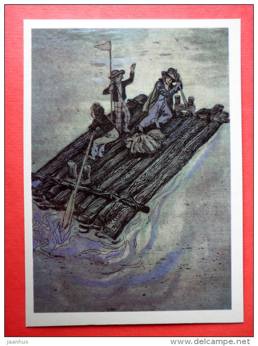 illustration by G. Mazurin - Mississippi - raft - The Adventures of Tom Sawyer by M. Twain - 1976 - Russia USSR - unused - JH Postcards