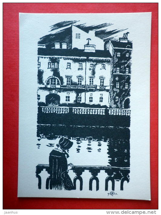 illustration by M. Dobuzhinski - woman - street - White Nights by F. Dostoyevsky - 1971 - USSR Russia - unused - JH Postcards