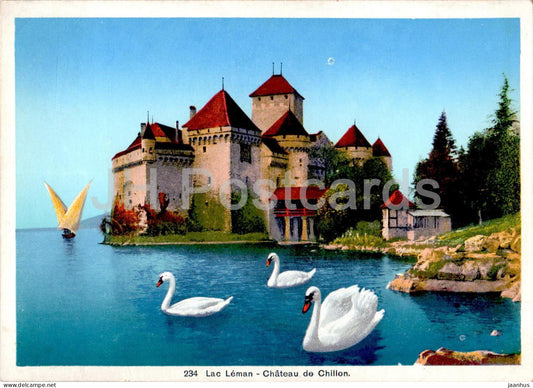 Lac Leman - Chateau de Chillon - birds - swan - 234 - castle -  Switzerland - unused - JH Postcards