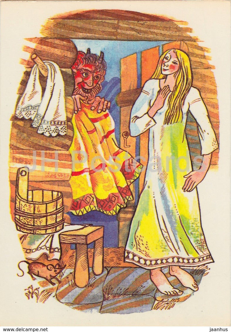 by I. Raudsepp - Orphan and peasant daughter - folk costumes - Estonian Fairy Tales - 1979 - Estonia USSR - unused - JH Postcards