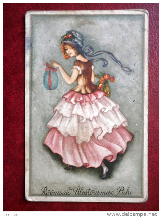 Easter Greeting Card - young woman - old postcard - Estonia - used - JH Postcards