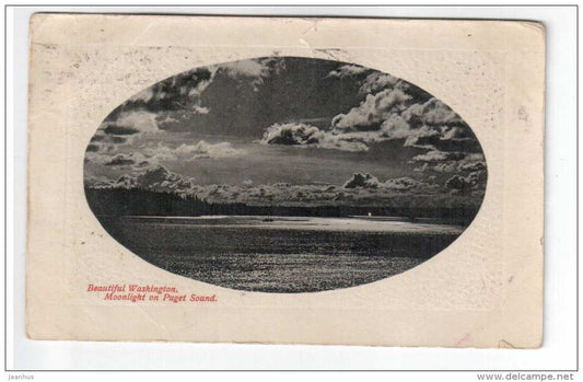 Beautiful Washington - Moonlight on Puget Sound - USA - W 356 - old postcard - sent from USA to Russia 1913 - used - JH Postcards