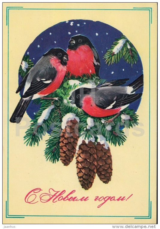 New Year greeting card by G. Kurtenko - bullfinch - birds - postal stationery - 1979 - Russia USSR - unused - JH Postcards