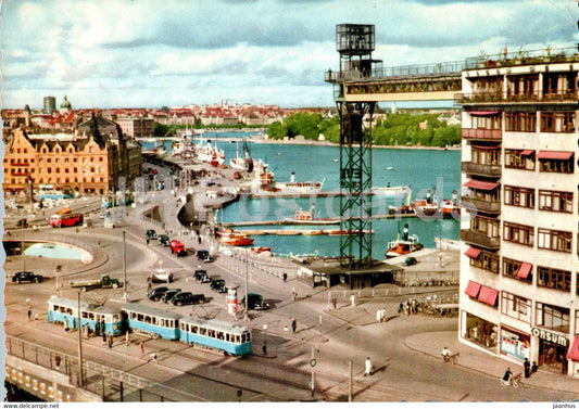 Stockholm - Slussen med Katarinahissen - tram - old postcard - 1958 - Sweden - unused - JH Postcards