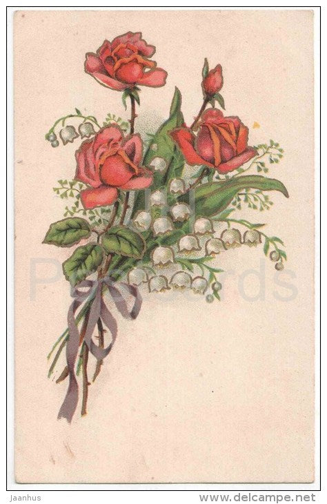 birthday greeting card - roses - lily of the valley - flowers - KJ Tartu 14 - circulated in Estonia 1930s - JH Postcards