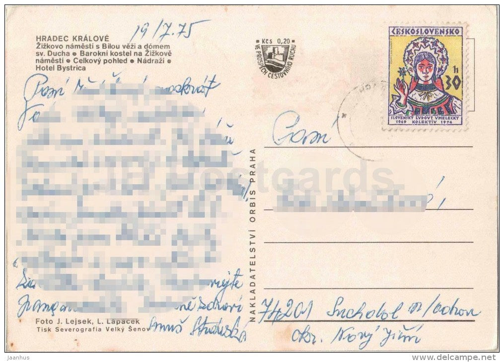 hotel Bystrica - station - bus - Zizkov square - church - Hradec Kralove - Czechoslovakia - Czech - used 1975 - JH Postcards