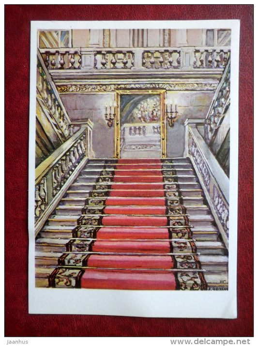 painting by A. Tsesevich , staircase in the main foyer - Bolshoi Theatre, Moscow - russian art - unused - JH Postcards