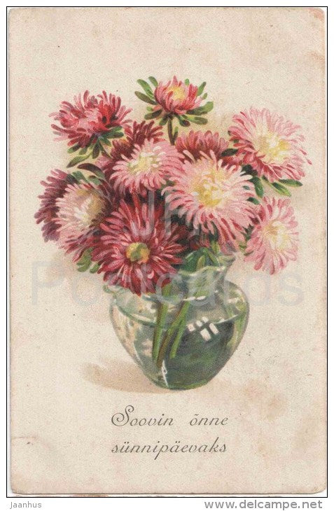 birthday greeting card - aster - flowers - MBN - circulated in Estonia 1930s - JH Postcards