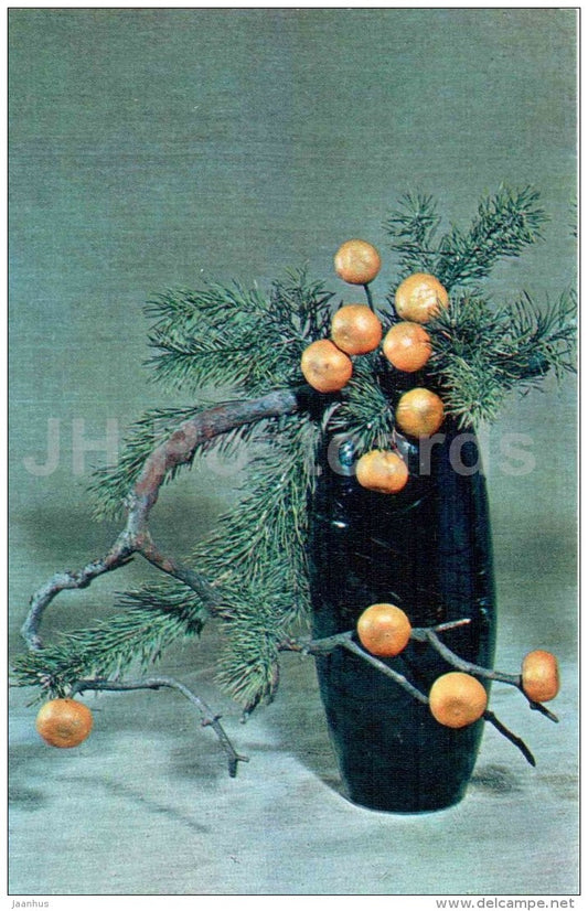 vase - pine branch - ikebana - composition - Winter Motives - 1976 - Russia USSR - unused - JH Postcards