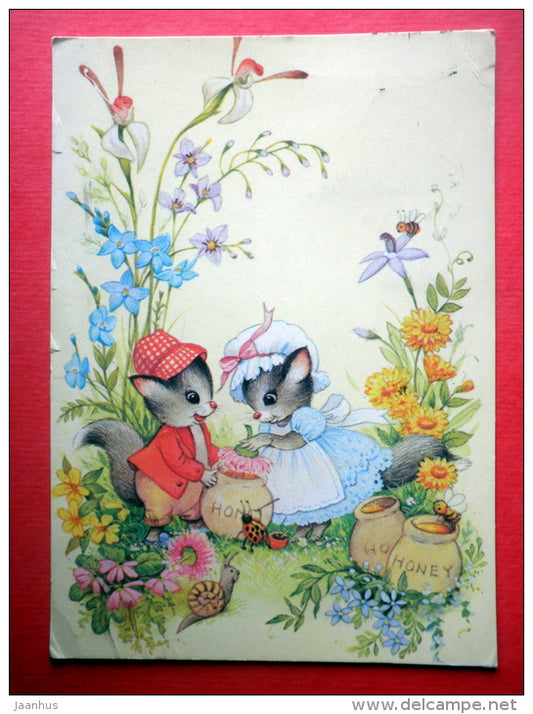 illustration - cat - honey - bee - Finland - sent from Finland Turku to Estonia USSR 1986 - JH Postcards