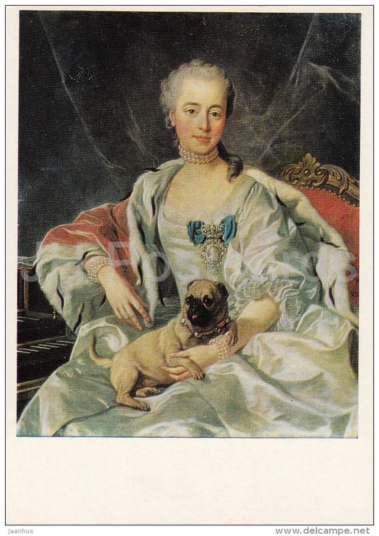 painting by Louis-Michel van Loo - Portrait of E. Golitsyna , 1759 - dog - French art - Russia USSR - 1985 - unused - JH Postcards