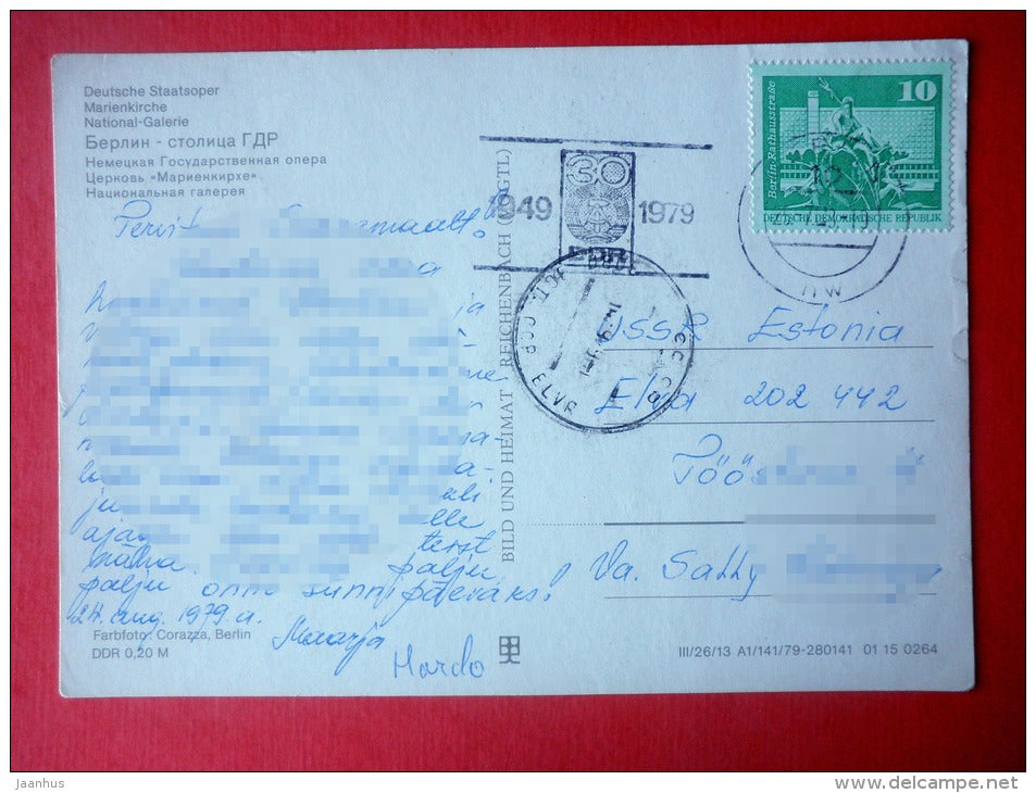 Deutsche Staatsoper , Marienkirche , National-Galerie - DDR 30 - DDR Germany - sent from Berlin to Estonia USSR 1979 - JH Postcards