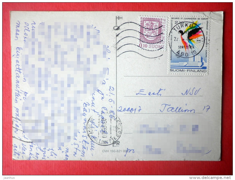 illustration - cat - honey - bee - Finland - sent from Finland Turku to Estonia USSR 1986 - JH Postcards