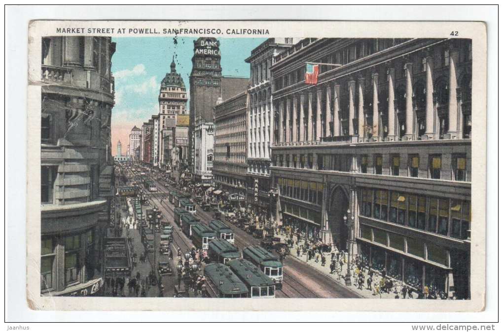 Market Street at Powell , San Francisco Island , California - tram - 42 - to Estonia 1935 - old postcard - USA - used - JH Postcards