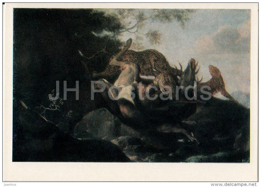 painting by Carl Andreas Ruthart - Cheetahs torturing deer , 1679 - Dutch art - 1982 - Russia USSR - unused - JH Postcards