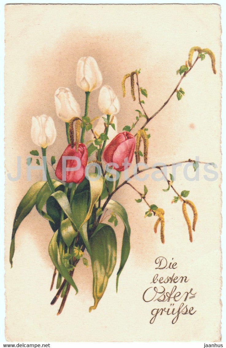 Easter Greeting Card - Die besten Ostergrusse - flowers - tulips - old postcard - Germany - unused - JH Postcards