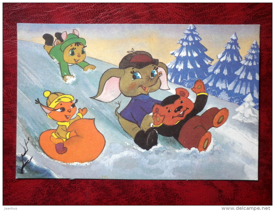 Come and Visit by L. L. Kayukov,  cartoon cards - squirrel - bear - hare - elephant - 1988 - Russia - USSR - unused - JH Postcards