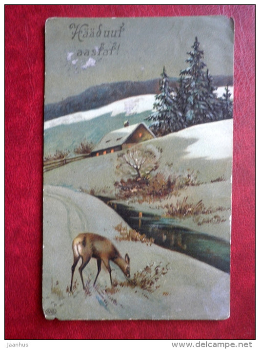 New Year Greeting Card - deer - winter view - old postcard - Tsarist Russia - used - JH Postcards