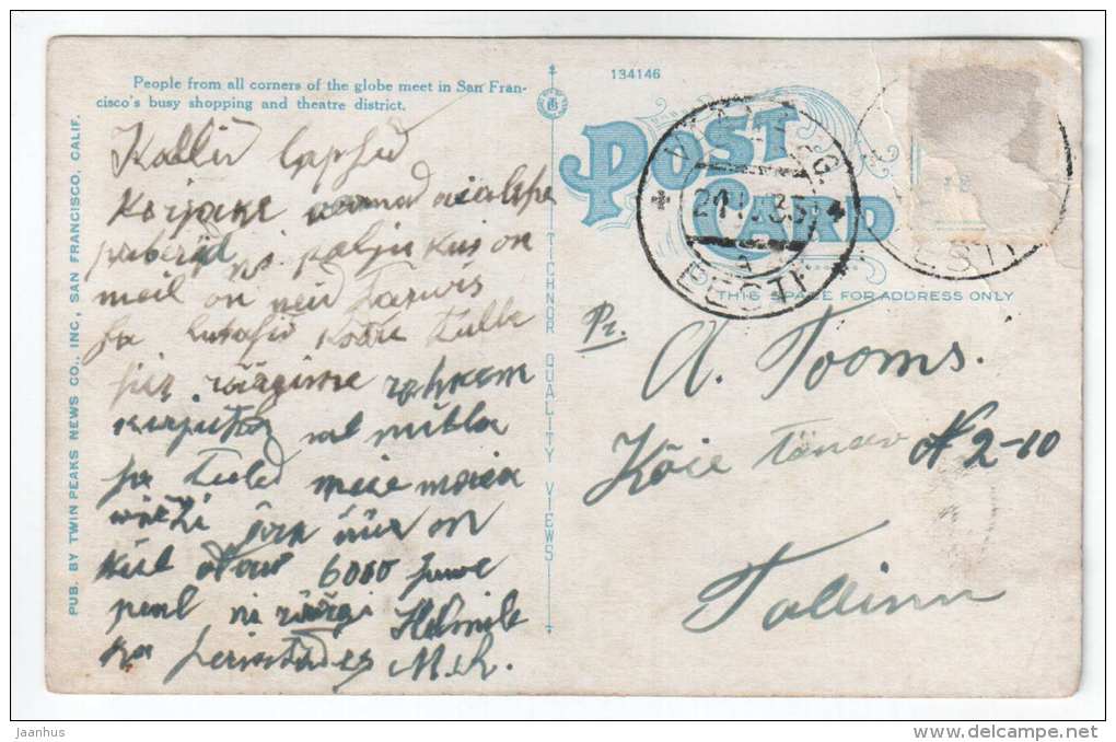 Market Street at Powell , San Francisco Island , California - tram - 42 - to Estonia 1935 - old postcard - USA - used - JH Postcards