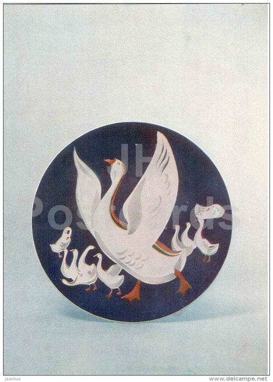 figures by Y. Yefimov - decorative dish Geese , 1934 - faience - russian art - unused - JH Postcards