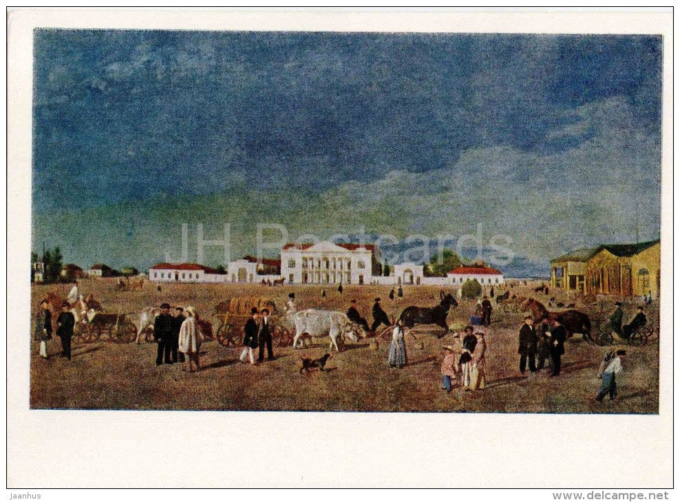 painting by E. Krendovsky - Square of country town - horse carriage - russian art - unused - JH Postcards