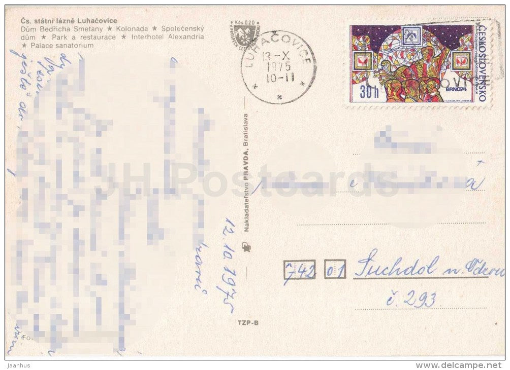 Bedrich Smetana House - colonnade - hotel Alexandria - Lazne Luhacovice - Czechoslovakia - Czech - used 1975 - JH Postcards