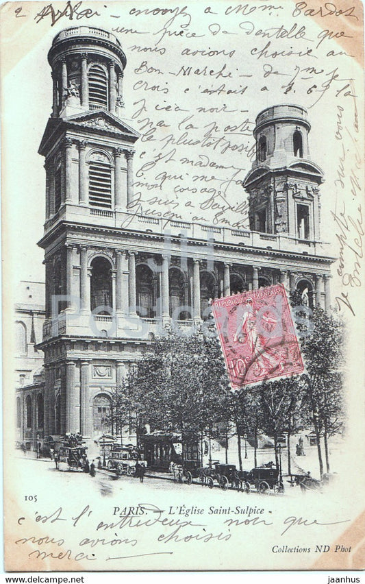 Paris - L'Eglise Saint Sulpice - church - 105 - ND - old postcard - France - used - JH Postcards