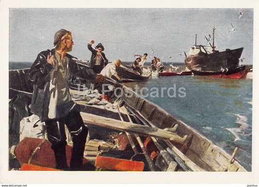 painting by Janis Osis - Latvian Fishermen - ship - Latvian art - 1965 - Russia USSR - unused - JH Postcards