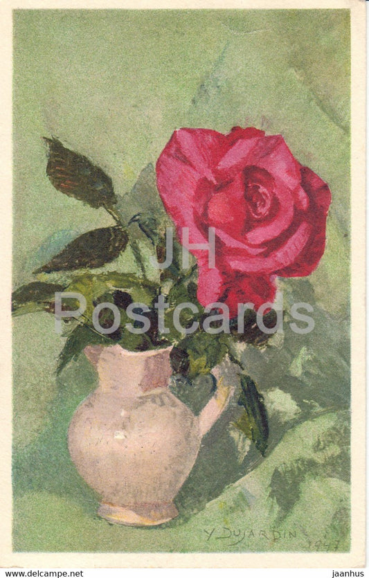 flowers in a vase - rose - illustration by Dujardin - 536 - old postcard - 1960 - Switzerland - used - JH Postcards