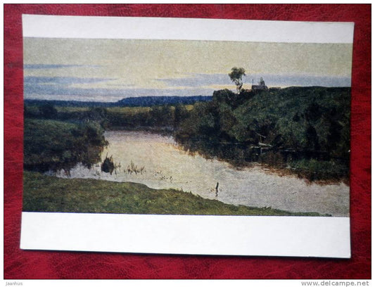 Painting by Y. N. Dudov - evening Dawn - river - russian art - unused - JH Postcards