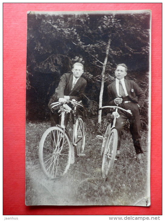 estonian men - bicycle - I - old photo postcard - Estonia - unused - JH Postcards