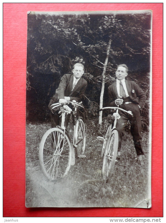 estonian men - bicycle - I - old photo postcard - Estonia - unused - JH Postcards