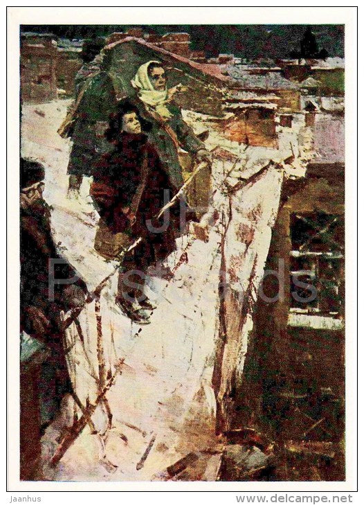 painting by O. Lomakin - Leningrad in combat, 1963-64 - St. Petersburg - russian art - unused - JH Postcards