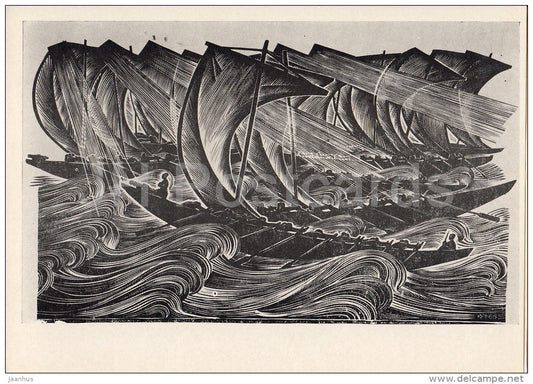 engraving by V. Kutkin - Releasing Blood Brothers - ship - Soviet engraving - Russian art - 1968 - Russia USSR - unused - JH Postcards