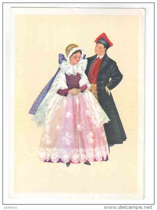People in folk costumes by Czarnecka - Poland - used - JH Postcards
