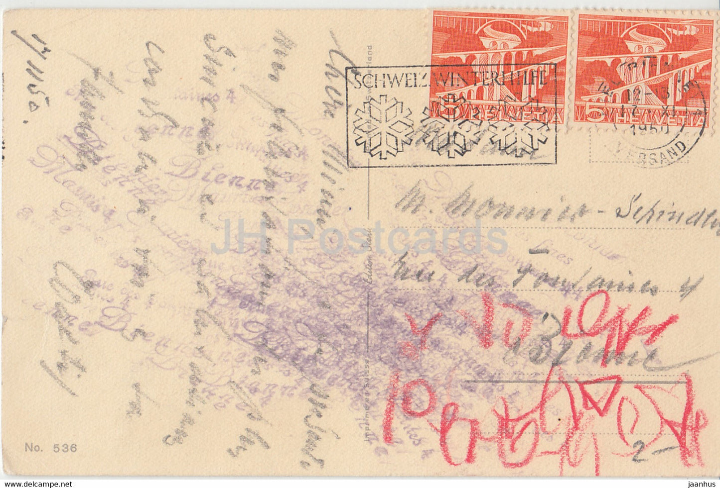 flowers in a vase - rose - illustration by Dujardin - 536 - old postcard - 1960 - Switzerland - used